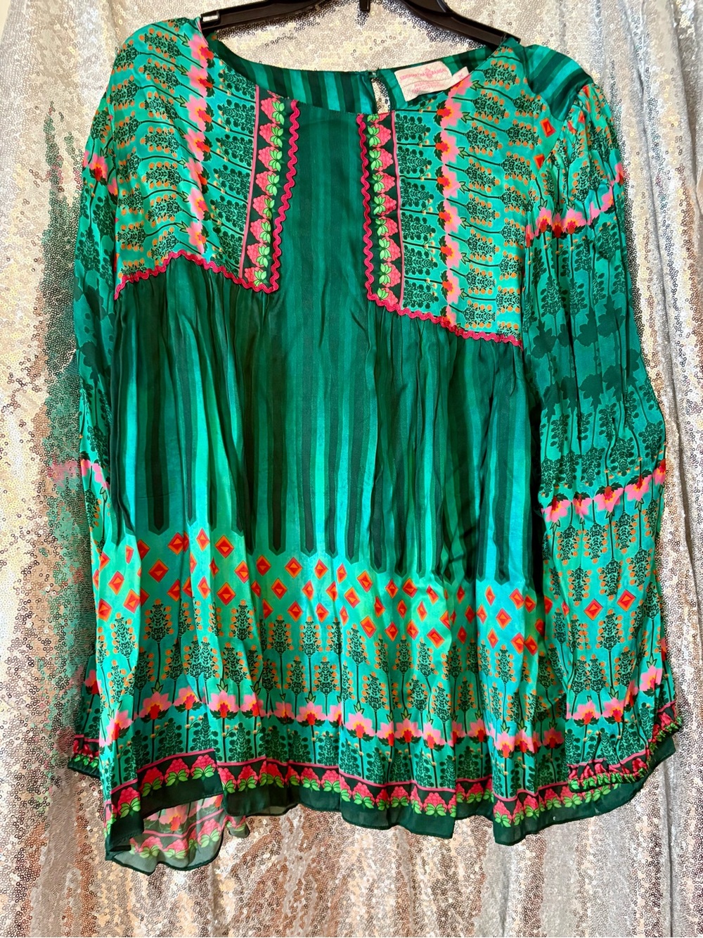 Anthropologie Teal Green Printed Peasant Blouse with Pink & Orange Accents